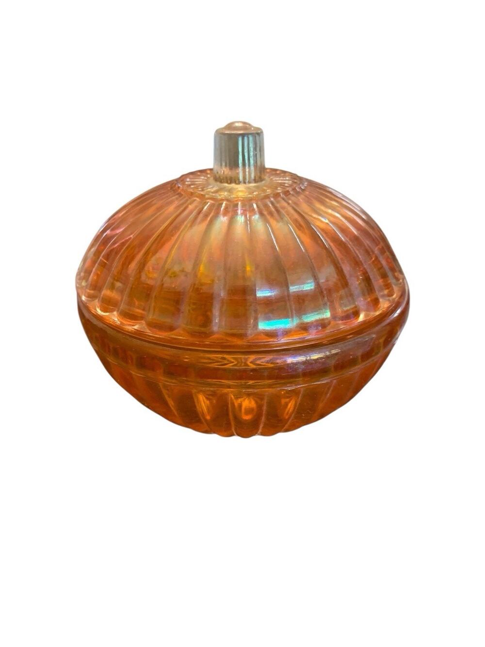 Vintage Amber Carnival Art Glass Vanity Powder Jar Dresser Box 4.5 Inch